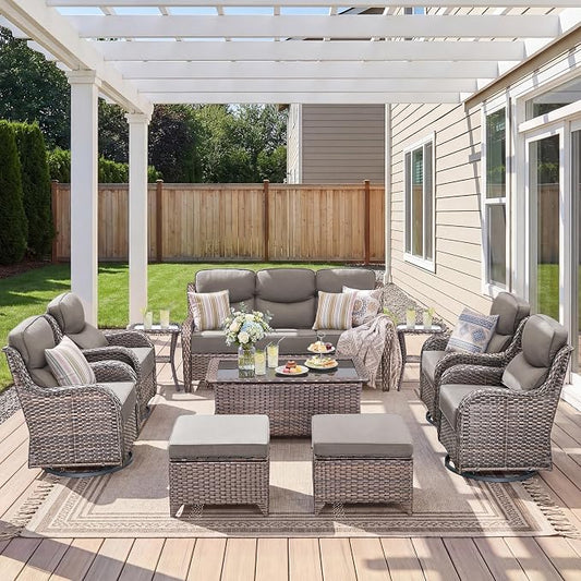 Luxury 10 Pieces Patio Furniture Set, Wicker Swivel Rocker Patio Chairs with 6" Thick Cushion, Outdoor Wicker Sofa with Coffee Table, All Weather Outdoor Conversation for Garden Porch(Brown/Grey)