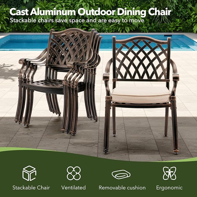 5-Piece Cast Aluminum Outdoor Table and Chairs, Classic Vintage Patio Dining Set for 4 Include 54.5" Round Dining Table and 4 Chairs with Removable Cushion and Umbrella Hole