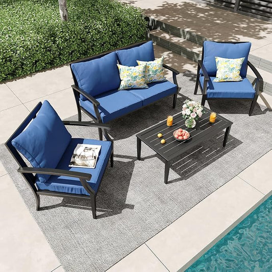 4 Piece Outdoor Patio Furniture Set, Oversized Metal Conversation Set with High Back & Deep Seating, Water-Repellent Cushions, Coffee Table for Porch, Deck, Backyard, Navy
