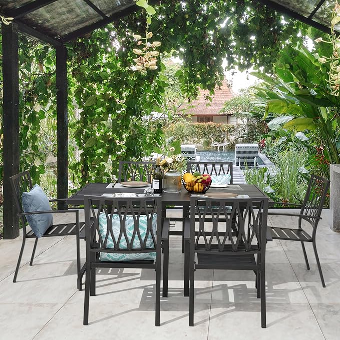 NUU GARDEN 7 Piece Patio Dining Set, 61" Rectangular Outdoor Metal Dining Table with Umbrella Hole, Stackable Outdoor Dining Chairs for Backyard, Deck, Yard, Garden, Black