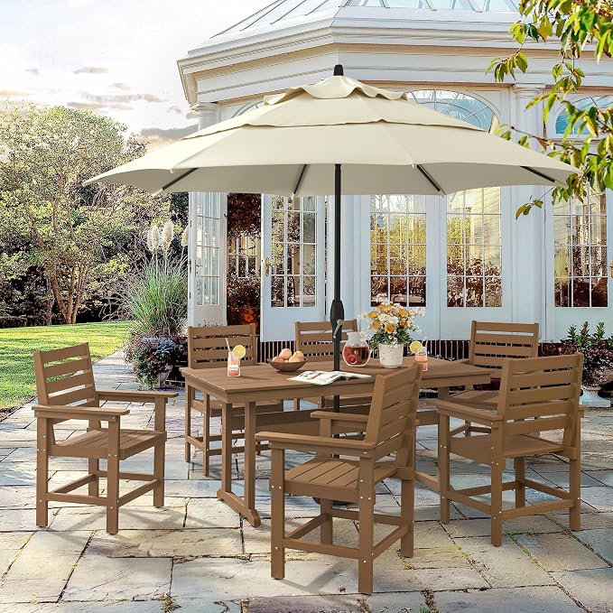 Rectangle Outdoor Dining Tables for 6, HDPS Weather Resistant Patio Dining Table, 66" Outdoor Tables with 1.96" Umbrella Hole for Porch, Balcony, Backyard, Light Brown