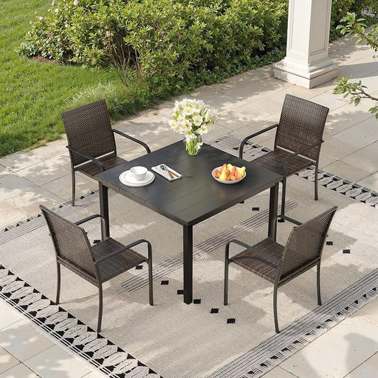 Outdoor Dining Set for 4, 40.2" Metal Square Outdoor Dining Table with Umbrella Hole and Wicker Stackable Patio Chairs, 5 Pieces Patio Table and Chairs Set for Garden Backyard, Black
