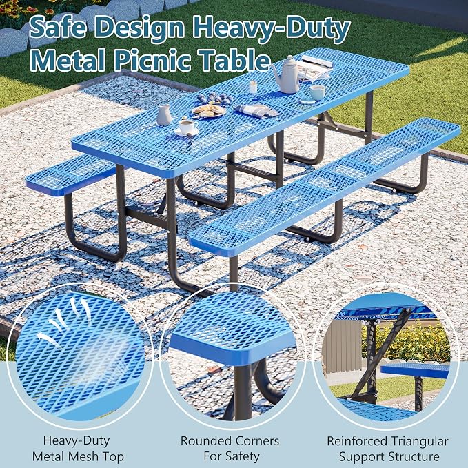 96" Heavy Duty Outdoor Picnic Table for 10, Galvanized Steel Frame with Umbrella Hole, 882LBS Capacity, Mesh Top – Picnic Camping Patio Garden