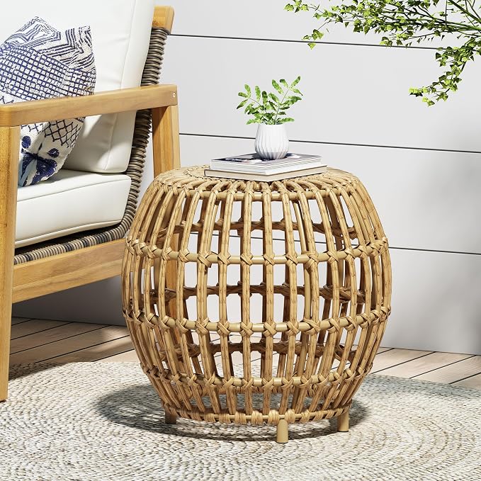 Round Rattan Side Table, Boho Rattan End Table Outdoor Round Wicker Side Table, All-Weather and Rust Resistant for Living Room Patio, Poolside, Garden, Yard