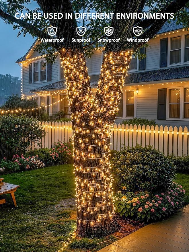JMEXSUSS 600 LED RGB String Light Outdoor, Christmas Halloween Lights | 198 Ft Color Changing Christmas Tree Lights Plug in for Bedroom Tree Room Party Birthday Decorations, Clear Wire