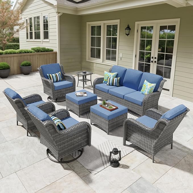 ovios 8 Pieces Patio Furniture Set with Swivel Rocking Chairs, Outdoor Wicker Sofa Couch Comfy Cushions, All Weather High Back Modern Conversation Set, Grey Rattan, Denim Blue