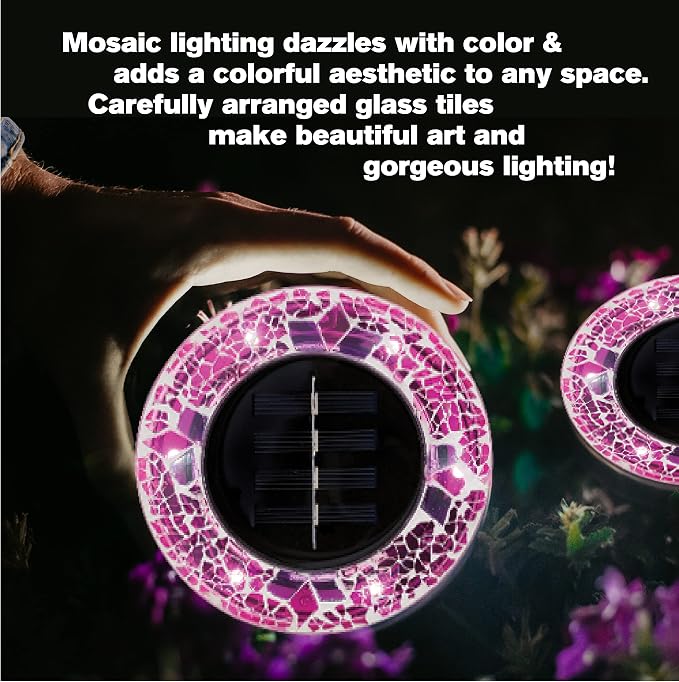 Bell+Howell Solar Outdoor Mosaic Disk Lights, 4 Pack Ultra-Premium Glass Decorative Pathway, Solar Outdoor Waterproof Disk, LED Pathway, Auto On/Off Lights - Radiant Pink