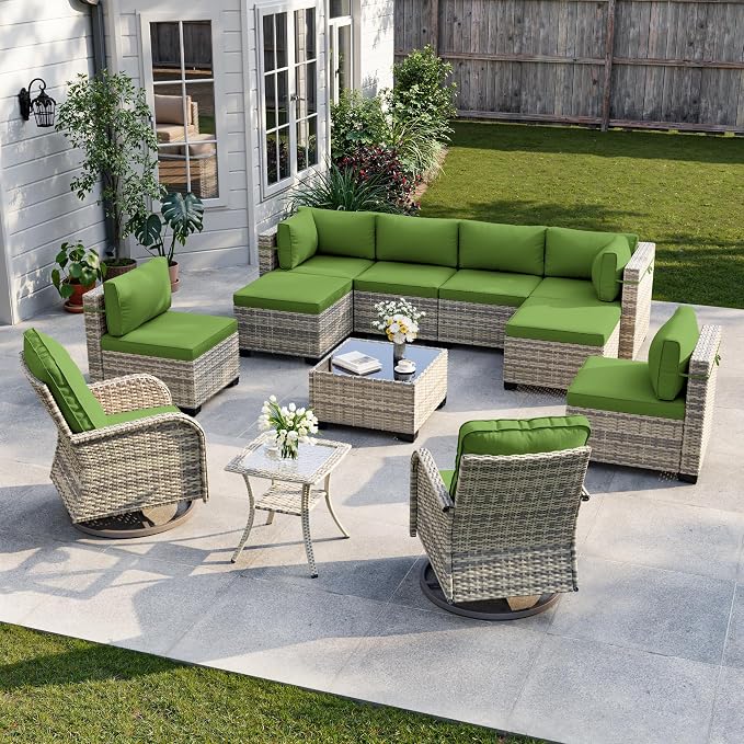 12-Piece Patio Furniture Set, Outdoor Patio Furniture with Swivel Chairs Set, Ottomans, Modular Patio Sofa, Dual-Strand Rattan, Rust-Resistant Frame, Grass Green