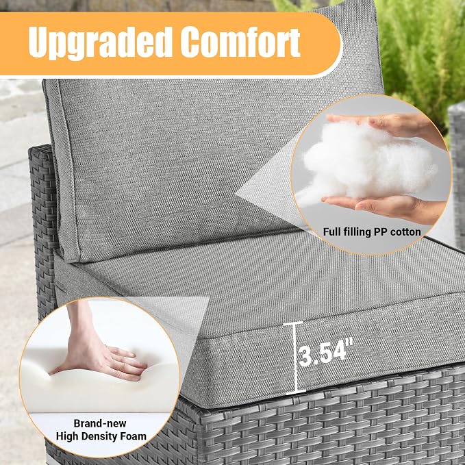 Weaxty 8 Piece Outdoor Sectional with Fire Pit Table, All Weather Wicker Patio Furniture Set with Swivel Rocker Chair Coffee Table, Thick Cushion Couch Conversation Sets for Garden Deck Backyard Gray
