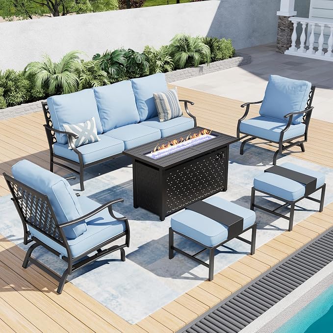 SUNSHINE VALLEY 6 Pieces Metal Patio Furniture Set with Firepit Table, Patio Conversation Set with 5.75" Thick Cushion, Outdoor Furniture 3-Seater Sofa, 2 Rocking Chair & 2 Ottoman for Backyard, Blue