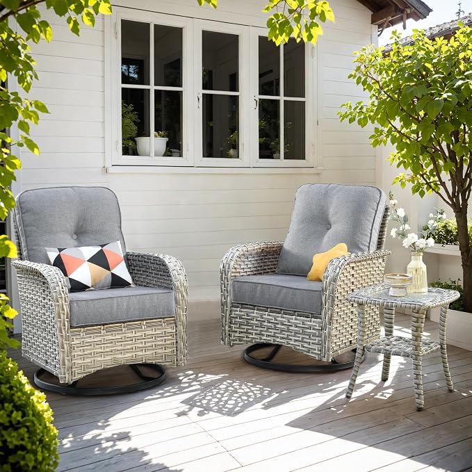 Outdoor Swivel Rocker Patio Chairs with Side Table,Wicker Swivel Rocking Chair Set of 2,3PCS High Back Wicker Patio Furniture Set Glider Chairs for Porch, Balcony, Deck and Yard,Grey