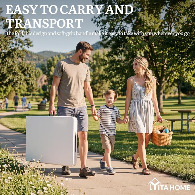 YITAHOME Heavy-Duty 6ft Folding Table with Handle, Portable Rectangle Folding Table for Easy Storage, Ideal for Outdoors Camping, Picnics, Parties & Indoor Events, White