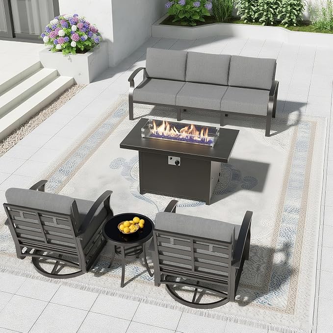 Aluminum Patio Furniture Set with 55,000 BTU Propane Fire Pit Table,5 Seats Metal Modern Outdoor Furniture w/5.1" Cushions,Patio Sectional w/Swivel Chairs for Backyard,Patio,Grey