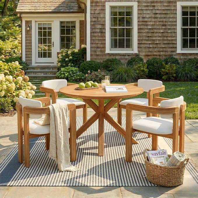 Solid Wood Outdoor Patio Dining Set, Outdoor Patio Dining Furniture Set,5 Piece Round Wooden Table with 4 Upholstered Armchairs, Patio Furniture Set for Backyard Garden Deck