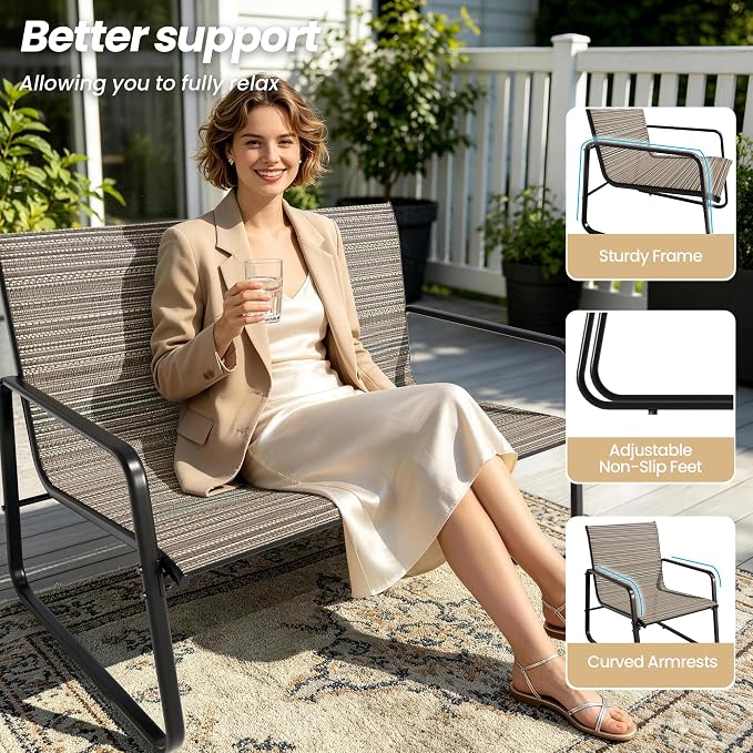 Gotland 4-Piece Outdoor Patio Furniture Set, Textilene Fabric Metal Patio Conversation Set with Loveseat 2 Chairs Tempered Glass Coffee Table, Patio Set for Backyard, Lawn, Porch, Pool, Garden, Brown