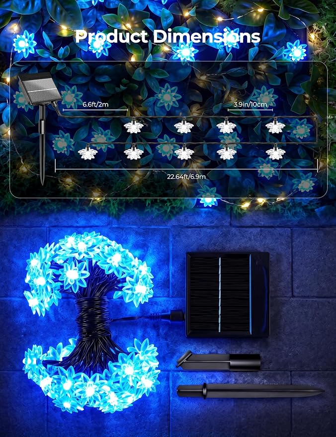 Brightown 50 LED Flower Solar String Lights Outdoor Waterproof, Blue | Solar Powered Fairy Lights with 8 Modes for Garden Fence Yard Patio Christmas Tree Party Wedding Decor
