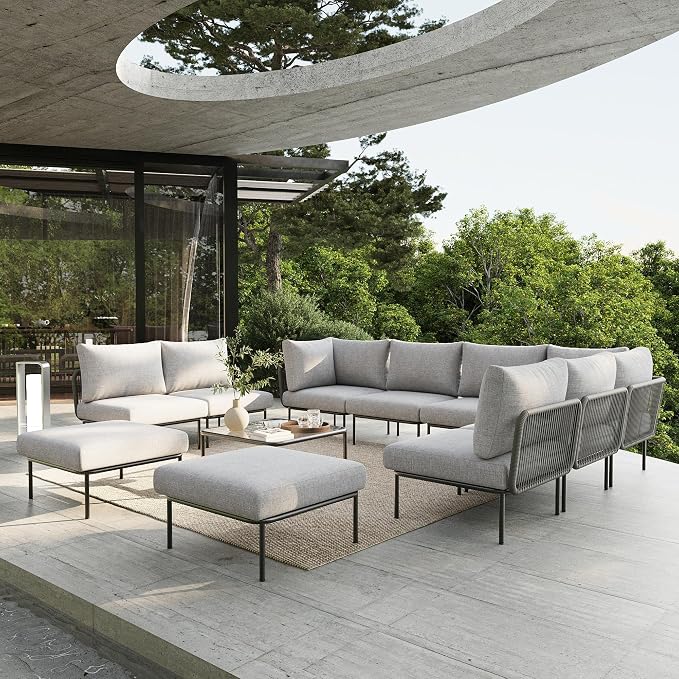 11 Piece Modern Outdoor Rope Wicker Sectional Patio L-Shaped Conversation Sofa Set Deep Seating with Thick Cushions