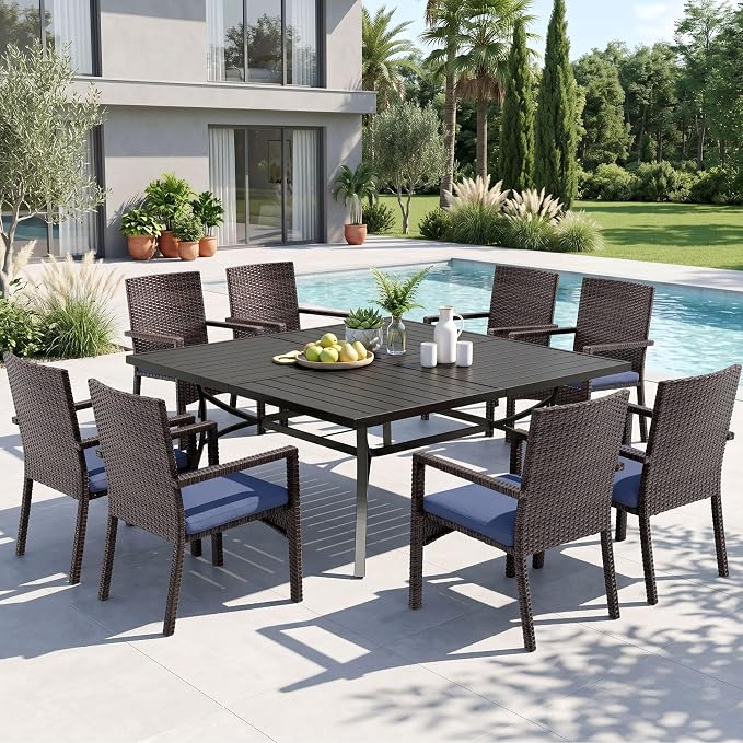 Sophia & William 9pc Square Patio Dining Set for 8, Rattan Chairs | Patio Table Set for 8, Metal Table with Umbrella Hole, Wicker Chairs, Rust-Resistant Frame