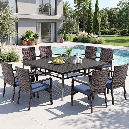 Sophia & William 9pc Square Patio Dining Set for 8, Rattan Chairs | Patio Table Set for 8, Metal Table with Umbrella Hole, Wicker Chairs, Rust-Resistant Frame