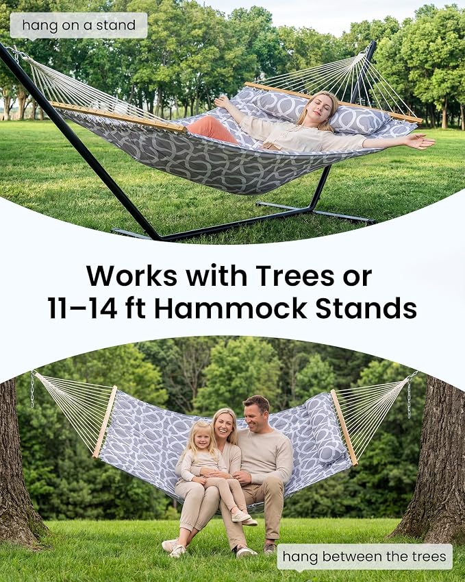 ANAGOO Double Hammock with Spreader Bar & Pillow, 2-Person Portable Hammock, 500lbs Capacity for Outdoor Camping, Patio, Backyard, Garden, Beach & Travel Relaxation – White Gray