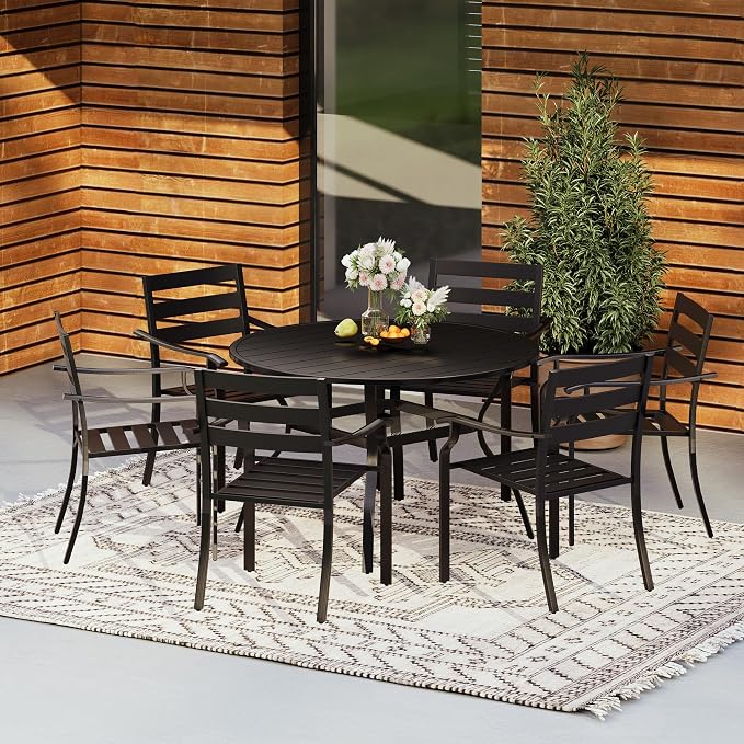 HOMREST 7 Piece Outdoor Patio Dining Set for 6, 48" Round Metal Table with Umbrella Hole and Storage Shelf, Stackable Wrought Iron Chairs, Large Patio Furniture Set for Deck/Backyard/Poolside/Garden