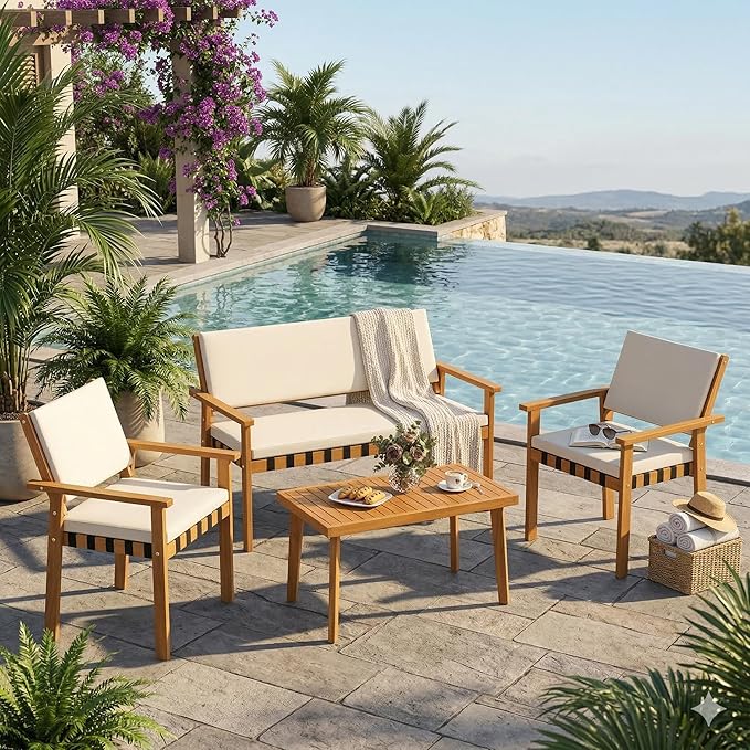 Tangkula Acacia Wood Patio Furniture Set, 4 Piece Thick Cushioned Outdoor Conversation Set with 800lbs Capacity Loveseat, 2 Armchairs and Coffee Table, for Backyard, Garden, Deck