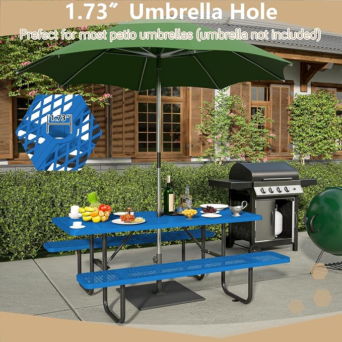 72'' Rectangular Metal Picnic Table with 1.73" Umbrella Hole, Heavy Duty Steel Mesh Table Set, Weather Resistant Sturdy Outdoor Furniture, for Patio, Garden, Courtyard & BBQ, Blue