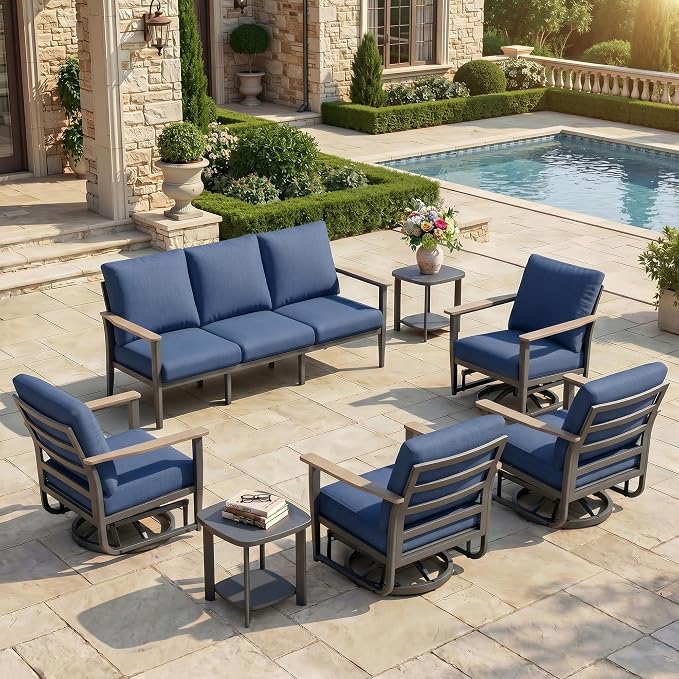 Aluminum Outdoor Patio Furniture Set, 7-Piece Sectional Sofa with 5.1" Thick Cushions, 4 Swivel Rocking Chairs and 2 Side Tables, Outdoor Couch for Backyard, Deck, Navy Blue
