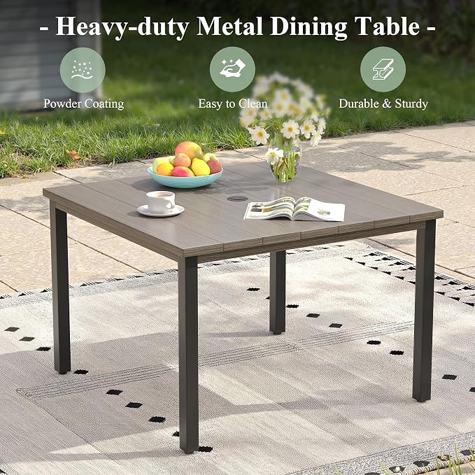 5 Pieces Outdoor Dining Set, 40.2" Square Table with Umbrella Hole & Stackable Patio Dining Chairs, Patio Table and Chairs Set for Deck Garden Porch, Grey Chairs & Grey Table