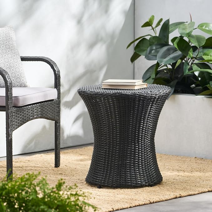 Outdoor Wicker Side Table, Lightweight & Water-Resistant All-Weather, Small Rattan End Table Hourglass Shape Wicker Patio Table, for Patio Porch Living Room, Black