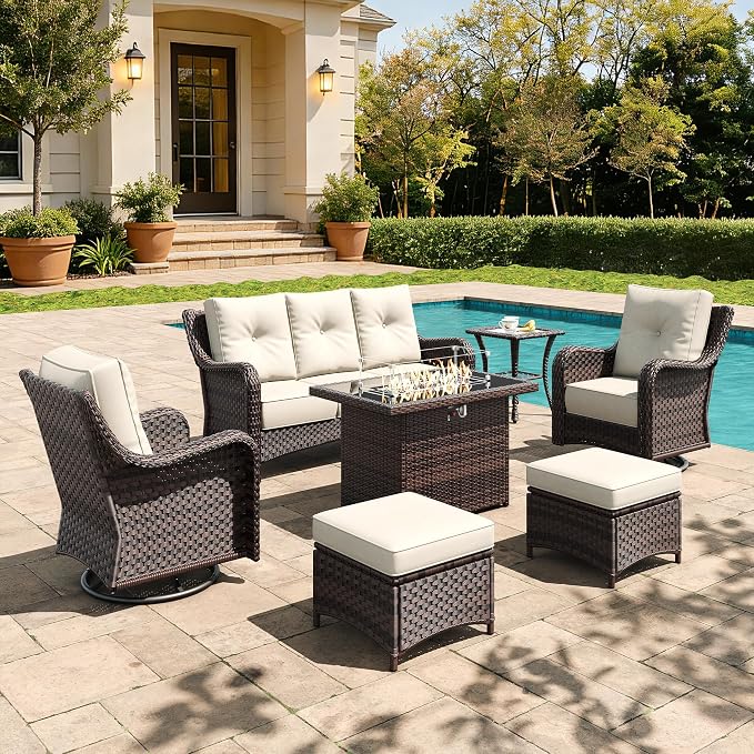 7 Pieces Outdoor Furniture Set with 6-inch Cushions, High Back Wicker Swivel Rocker Chairs with Fire Pit Table, Luxury Conversation Set for Deck Patio and Poolside