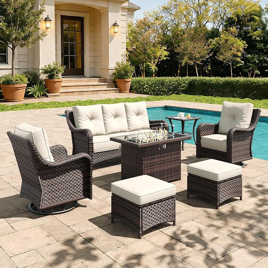 7 Pieces Outdoor Furniture Set with 6-inch Cushions, High Back Wicker Swivel Rocker Chairs with Fire Pit Table, Luxury Conversation Set for Deck Patio and Poolside