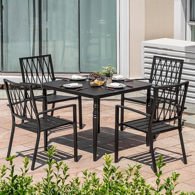 NUU GARDEN 5-Piece Outdoor Patio Metal Dining Set - 4 Stackable Chairs & 37" Square Table with Umbrella Hole, Weather-Resistant Low-Maintenance Furniture for Yard Porch Poolside Garden, Black