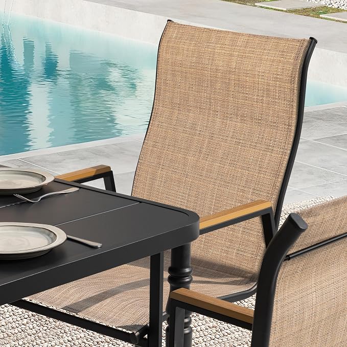NUU GARDEN 5 Piece Outdoor Patio Dining Set for 4, Square Table with Umbrella Hole and 4 Stackable Textilene Chairs, Outdoor Furniture for Backyard Garden, Black and Khaki
