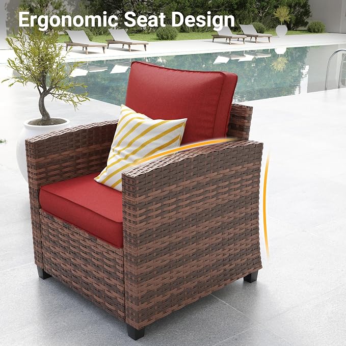 Outdoor Furniture Set, 5 Pcs Wicker Patio Couch with Chairs, Ottomans and Thick Cushions, All Weather Wicker Rattan Patio Conversation Set,Wine Red