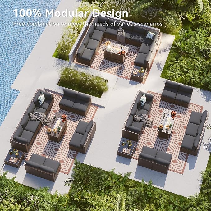 LazySunsets 12 Piece Outdoor Patio Furniture Set with 44'' Fire Pit Table, Outdoor Patio Furniture Sets with 4'' Thicken Cushion, Wicker Rattan Outdoor Conversation Set for Backyard, Grey