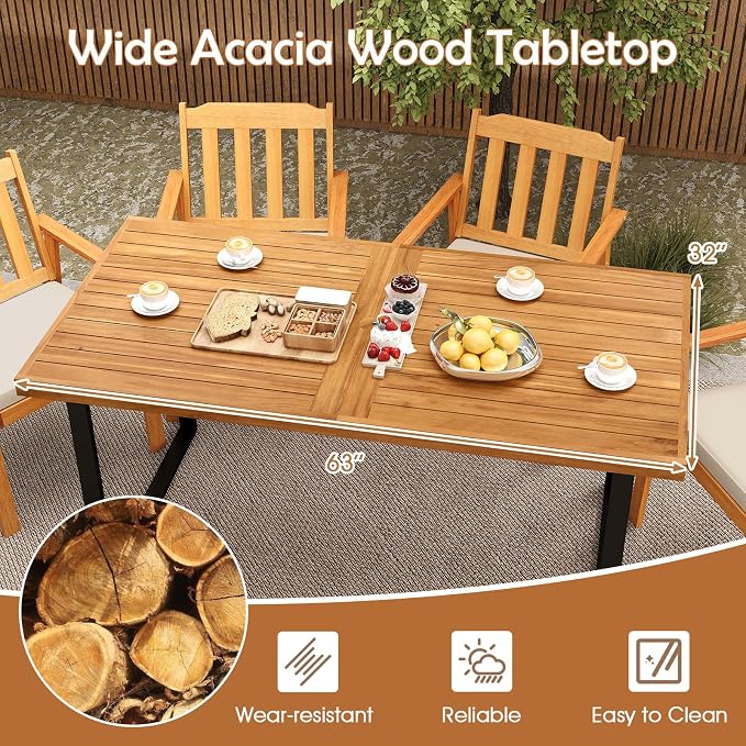 HAPPYGRILL Acacia Wood Patio Dining Table with Umbrella Hole (1.97”), Outdoor Wooden Table for 4-6 People, for Backyard Deck Porch