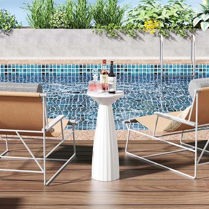 Modern Patio Side Table, Mid-Century Metal Outdoor End Table, Pedestal Round Accent Table for Poolside, Balcony & Living Room, Weather Resistant, No Assembly Required, White