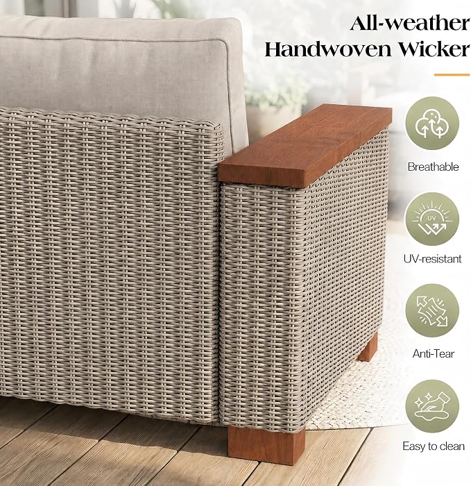 PaPaJet 5-Piece Wicker Patio Furniture Set with Solid Wood Armrest, Outdoor Patio Set with Thick Legs, UV-Resistant Modular Outdoor Sectional Sofa for Backyard, Porch, Garden
