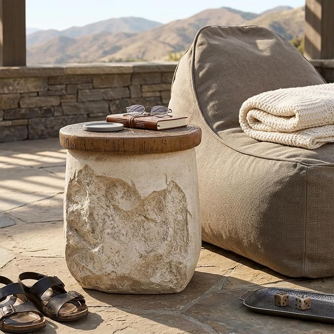 Merax Outdoor Patio MGO Side Table, 18.5" Height Round Side Table with Stone-Effect Base & Faux-Wood Grain Top, Rustic Modern Patio End Table Stand for Balcony Poolside, Fully Assembled, Beige+Wood