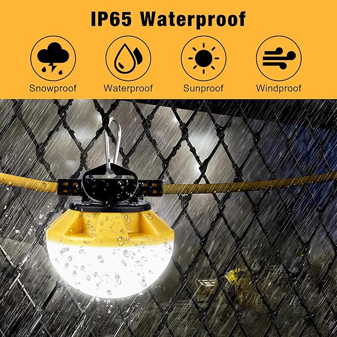 50FT LED Construction String Light, 50W 6000Lm,18AWG Wire,5000K Linkable String Work Lights with 5 Bulbs & Hooks, Industrial Temporary Lighting for Construction Site, Crawl Space,Job Site,Attic