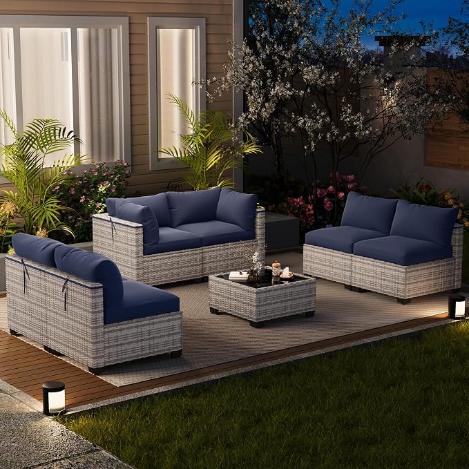 LOUVIXA 7 Piece Outdoor Patio Furniture Set, Outdoor Sectional Sofa, Wicker Rattan Patio Furniture, Patio Conversation Set with Coffee Table & Cushions