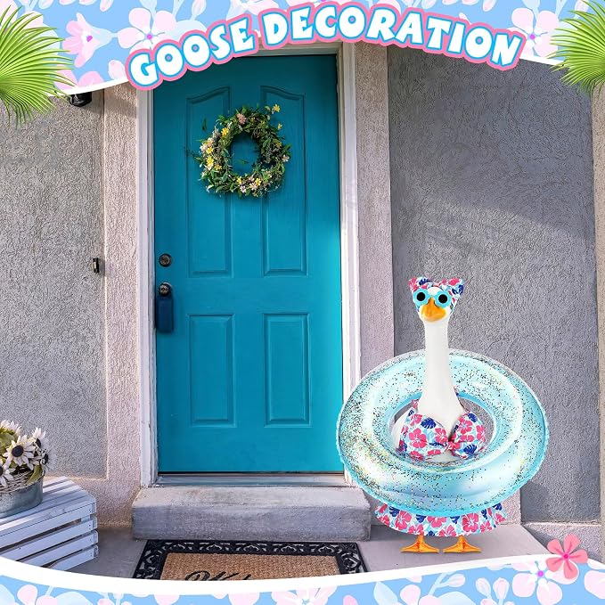 Bikini Porch Goose Outfits with Sunglasses and Swimming Tube for 23" Summer Goose Costume Garden Patio Statue Decor(Blue Monstera Leaf)