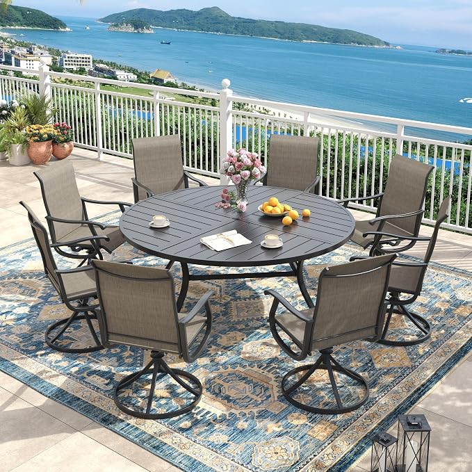 60" Outdoor Dining Table with Adjustable Umbrella Hole, Metal Slatted Round Patio Dining Table for Backyard Garden Deck, Black