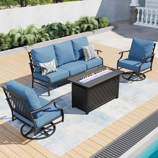 SUNSHINE VALLEY 4 Piece Metal Outdoor Patio Furniture Sets with 5000 BTU Firepit Table, Patio Conversation Sets 1 3-seater Sofa, 2 Swivel Chair with 5.75" Thick Cushion, Black Backyard Furniture, Navy