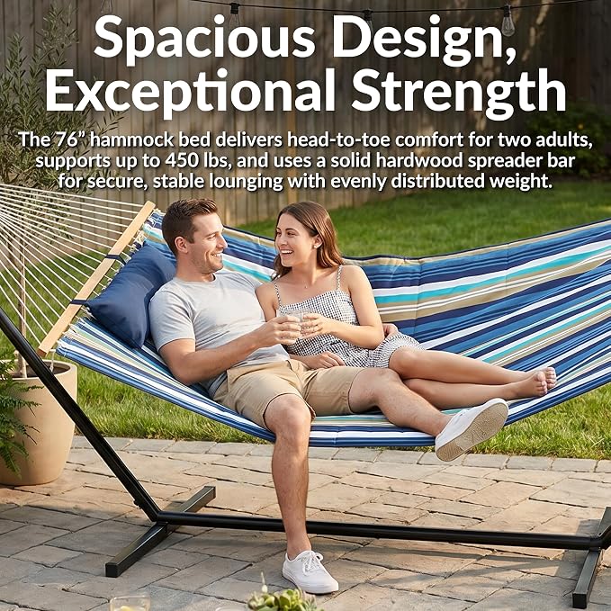 Sunnydaze Rope Double Hammock with Stand for Outside - Heavy Duty Freestanding Portable Outdoor Hammock Set with Quilted Pad, Pillow, and 12-Foot Steel Frame - 450 lb Capacity - Lakeview