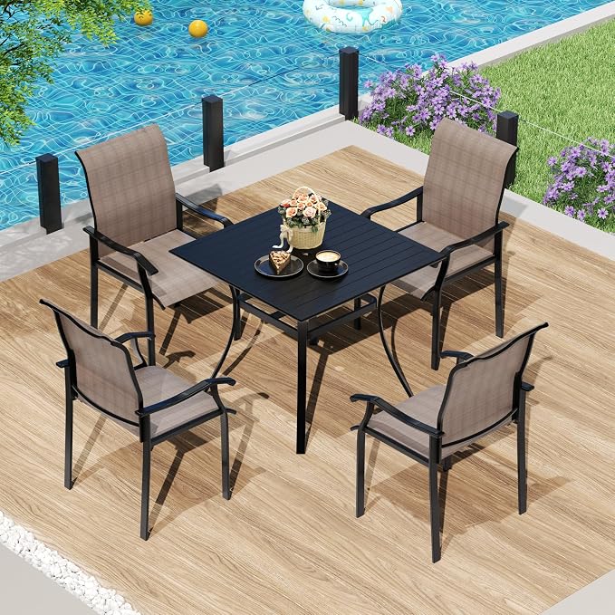 LVUYOYO 5-Piece Outdoor Patio Dining Set, Textilene Dining Chairs & Square Table Set, All-Weather Table and Chairs Set with Umbrella Hole for Backyard, Garden,Balcony,Porch (Brown)