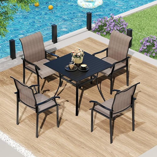 LVUYOYO 5-Piece Outdoor Patio Dining Set, Textilene Dining Chairs & Square Table Set, All-Weather Table and Chairs Set with Umbrella Hole for Backyard, Garden,Balcony,Porch (Brown)