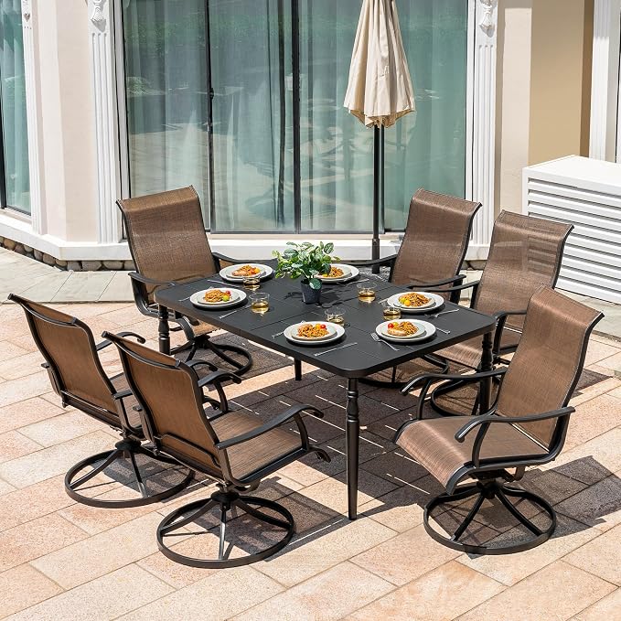 NUU GARDEN 7 Pieces Outdoor Metal Dining Set, Patio Metal Dining Set of 6 Textilene Swivel Chairs and 1 Rectangular Table with Umbrella Hole, Slatted Tabletop and Powder-Coated Frame, Black and Brown