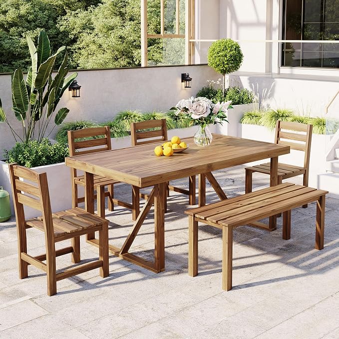 RUNNA 6 Piece Patio Dining Set, Acacia Wood, Indoor and Outdoor Furniture Sets for Backyard, Porch, Lawn, and Garden (Natural Wood@096)